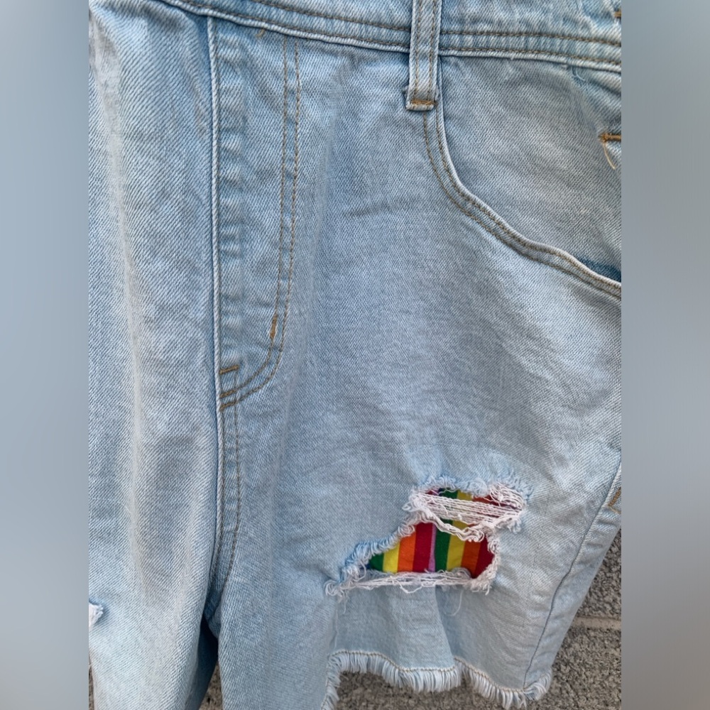 Pride Shortalls Target Denim Rainbow Stripes Light Wash Raw Hem Adult Medium - Picture 3 of 11